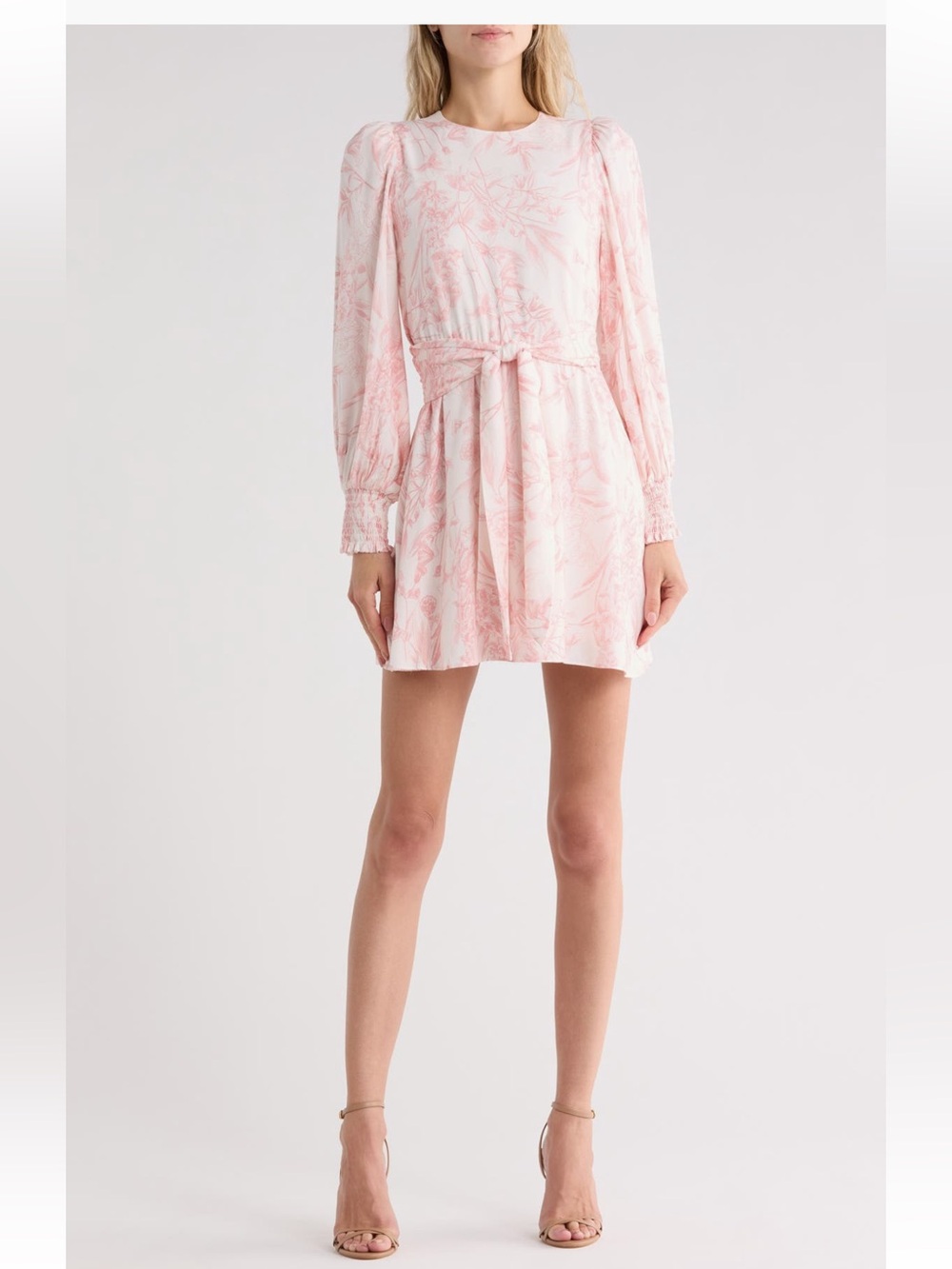 Alice + Olivia Pale Pink Floral Tie-Waist Long-Sleeve Mini Dress